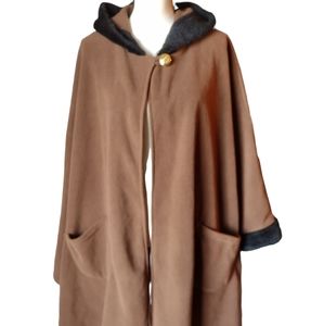LeModa Brown Cape Coat with Hood, Black Faux Fur Trim & Pockets